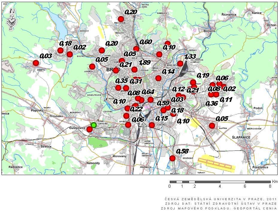 Mapa překročení hodnoty chrysenu v půdě představující zdravotní riziko v