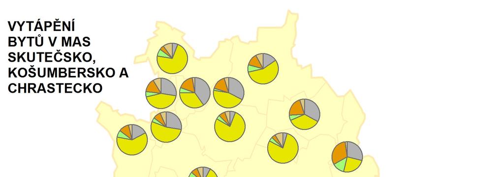Obr. 5 - Vytápění bytů k 26. 3. 2011 Zdroj dat: ČSÚ, 2012 Zdroj energie pro vytápění bytů, jak dokládá i obr. 5, je v jednotlivých obcích rozdílný.