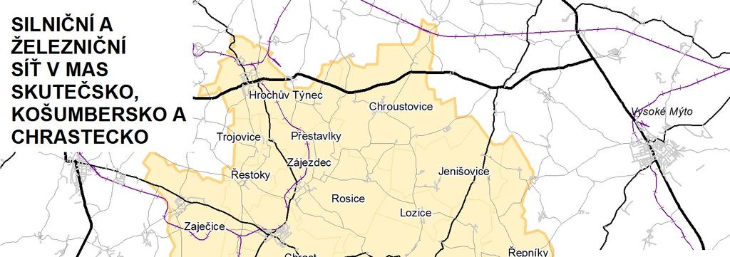 Strategie komunitně vedeného místního rozvoje MAS Skutečsko, Košumbersko a Chrastecko, z.s. 2014 2020 2.1.4 Doprava Dopravní síť pro automobilovou dopravu tvoří převážně silnice III.