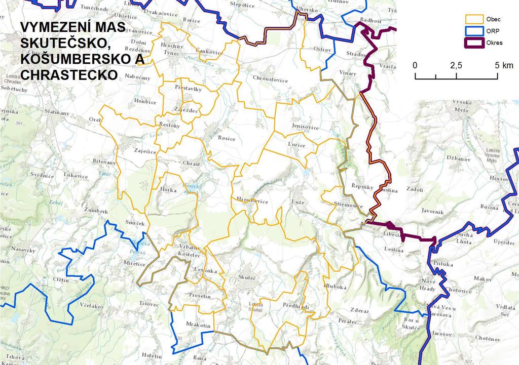 Obr. 1 - Vymezení území MAS SKCh Zdroj: ESRI, 2015 Území MAS Skutečsko, Košumbersko a Chrastecko, z.s. je součástí obcí s rozšířenou působností Chrudim a Vysoké Mýto.