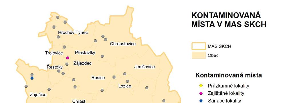 Obr. 14 - Kontaminovaná místa, 2010 Zdroj dat: MŽP, CENIA, 2015 Na území MAS SKCH se nachází velké množství znečištěných lokalit. Jedná se především o místní skládky.