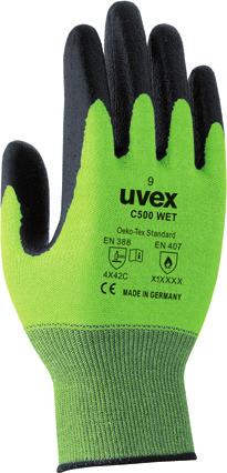 (všechny modely), mírně vlhkém (uvex C500 foam) a mokrém (uvex C500 wet) prostředí Velmi vysoká úroveň ochrany proti proříznutí s patentovanou technologií uvex Bamboo TwinFlex V souladu s normou EN