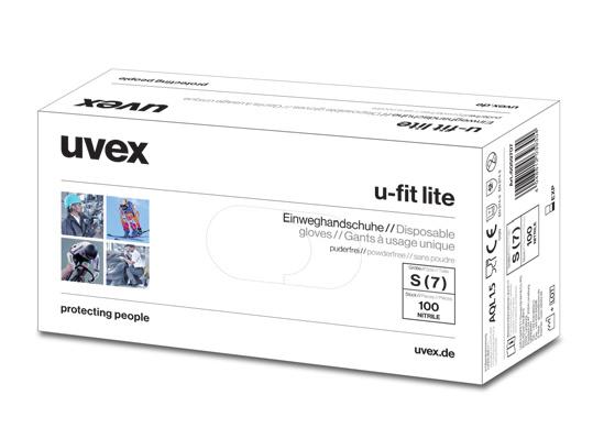 Chemická rizika Jednorázové ochranné rukavice Bez obsahu akcelerátorů 60597 uvex u-fit lite Velmi lehké a tenké jednorázové rukavice z NBR (0,08 mm) Dobrý úchop se zdrsněním špiček prstů
