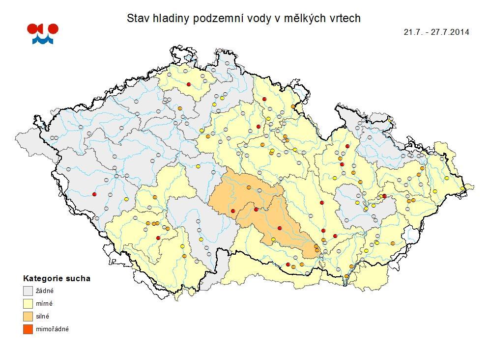Celkově se stav podzemních vod v rámci ČR pohybuje mezi normálem a mírným, místy až silným suchem.