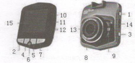 Kamera GT500 Uživatelský manuál Popis tlačítek a kamery 1. Tlačítko POWER 5. Tlačítko UP 9. Přísvit 13. Mikrofon 2. Tlačítko OK 6. Parking monitoring 10. USB 14. Slot SD kartu 3. Tlačítko MODE 7.