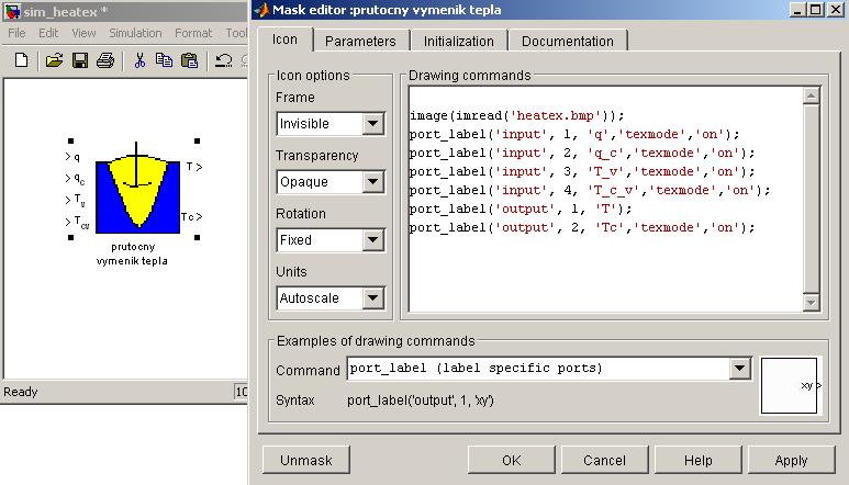 Obr. 4 Vytvořený blok se 4 vstuy a 2 výstuy a konfigurační mask editor K