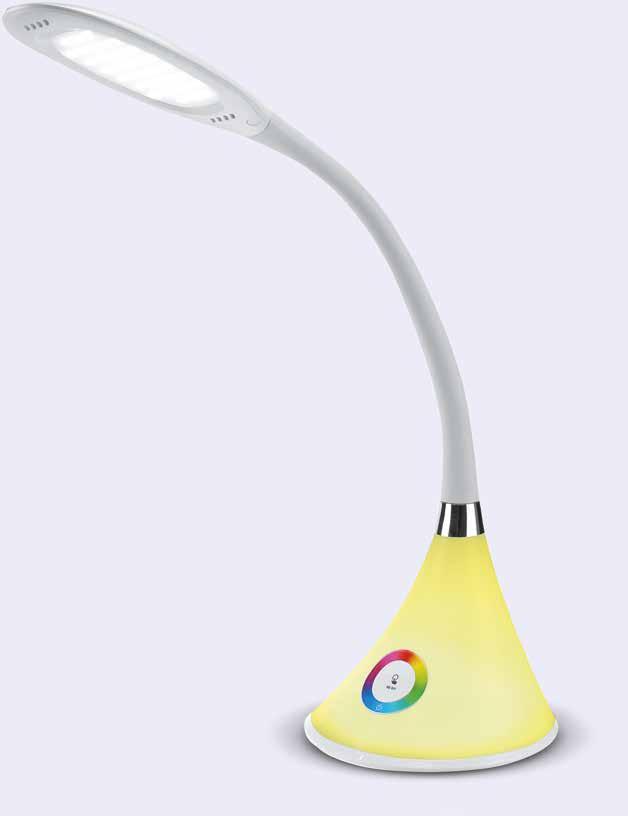 TECHNOLOGIE Příkon 7W bílá XS001 Lampička na psací stůl + noční lampička Teplota barev 5500K (studená) Regulovatelná jasnost max 200lm MAGIC COLORS Plynulá změna barev v základu Indi Přizpůsobíš