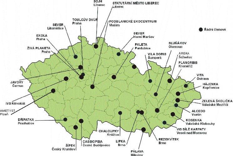 Mapa středisek ekologické výchovy v České republice sdružených v