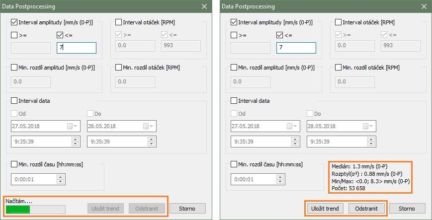 Načítání Statistické informace Parametry okna Postprocessing: Interval amplitudy trend bude obsahovat pouze hodnoty z tohoto intervalu.