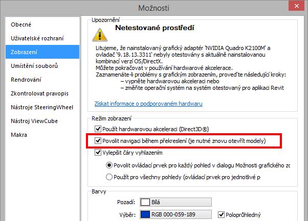 Novinky a vylepšení multioborové Zobrazení a výkon Významnou novinkou je zvýšení výkonu aplikace, protože možnosti Revitu nabízí nový režim zobrazení Povolit navigaci během překreslení, který vede k