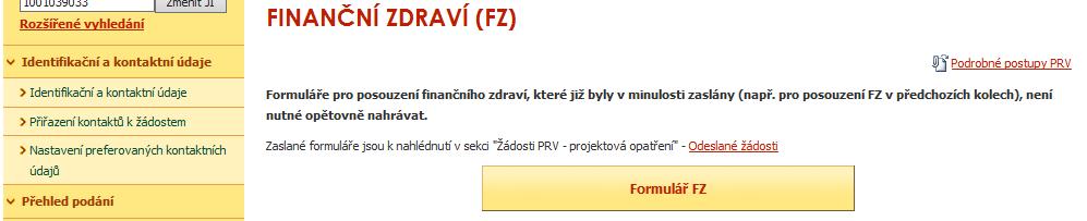 Předložení formulářů pro finanční zdraví Tlačítko slouží k vygenerování