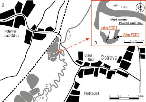 Obr. 1a: Geografická pozice studovaného slepého ramene; 1b: Místa odběru sedimentárních jader. Fig.