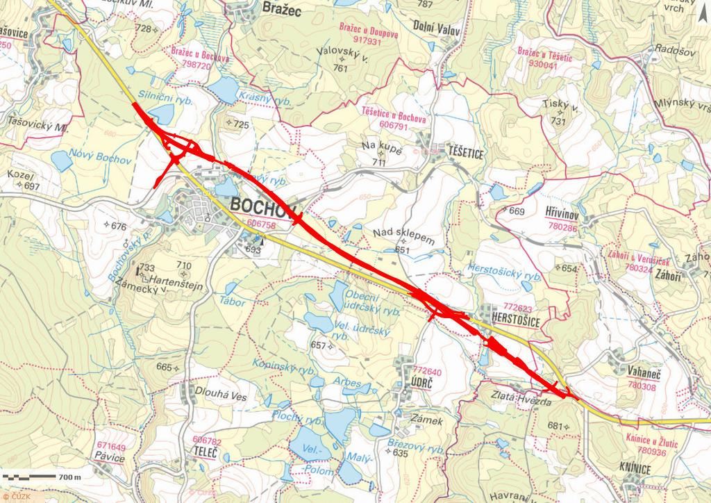 Obr. 3 Úsek D6 Žalmanov Knínice D6 Olšová Vrata Žalmanov: km 98,54 105,88 (projektová kilometráž 0,000-7,341) Komunikace je navržena jako čtyřpruhovái směrově rozdělená v kategorii D25i5/100.