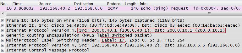 Na obrázku č. 5 vidíme obsah zachycené odpovědi ICMP ze směrovače R1. Vidíme, že zde již žádná MPLS značka není definována.