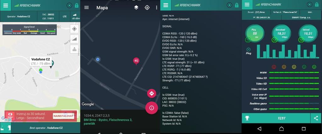 Obr. 3.4: Grafické rozhraní aplikace RFBenchmark. Poslední zmíněnou aplikací je velmi zdařilý a pokročilý tester rychlosti nperf jak pro mobilní datové sítě (2G-4G) tak pro wi-fi.