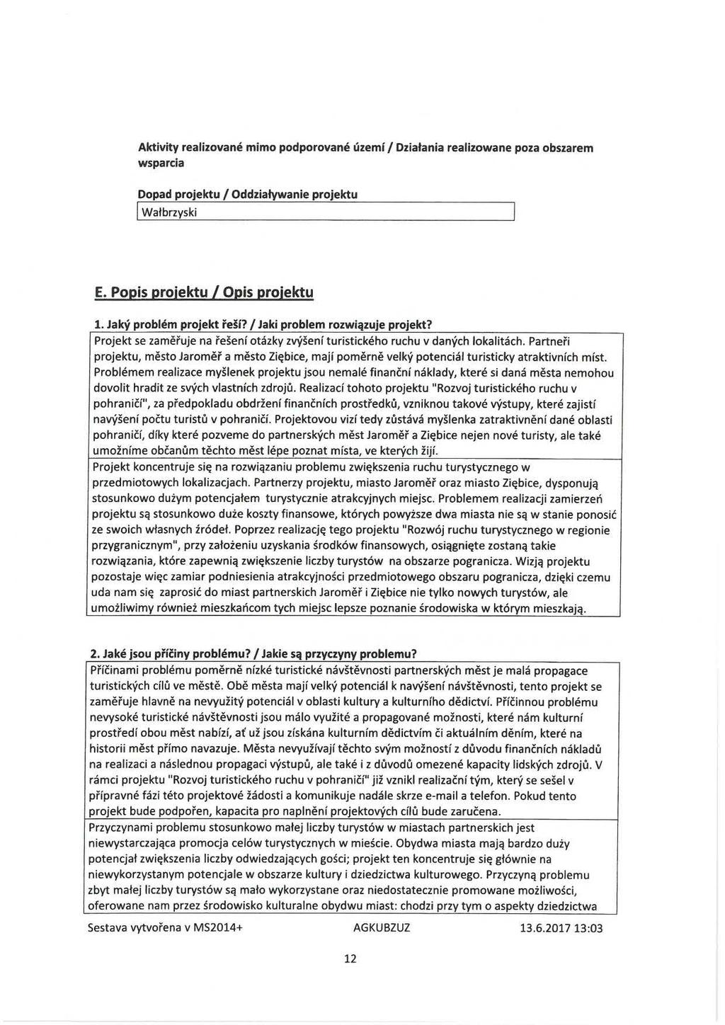 Aktivity realizované mimo podporované území / Dziatania realizowane póza obszarem wsparcia Dopad projektu / Oddziatywanie projektu Watbrzyski E. Popis projektu / Opis projektu 1.