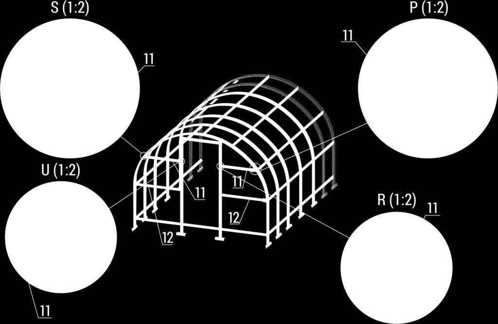 d) Potom připojte z levé strany i z pravé strany rámu dveří vodorovný profil č. 11 (viz detaily P + R a S + U).