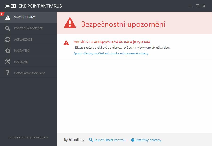 Červená barva stavu ochrany, symbol "!" a informace Není zajištěna maximální ochrana signalizuje kritické problémy.