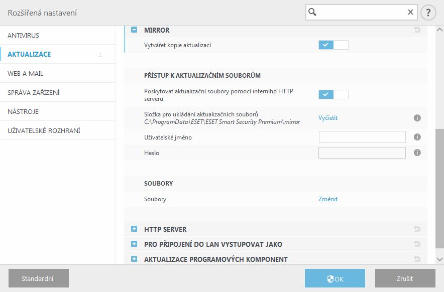 3.9.3.1.6 Mirror ESET Endpoint Antivirus umožňuje vytvářet kopie aktualizací, z níž lze pak aktualizovat další stanice v lokální síti.