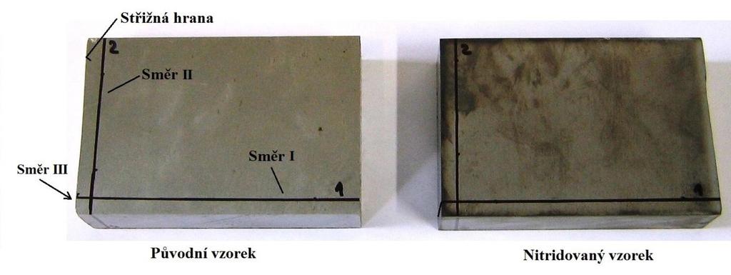 Rozměr vzorků byl 56x85x16 mm a tvrdost byla měřena ve třech směrech. Směr III byl veden po čele nástroje pro určení tvrdosti povrchu.