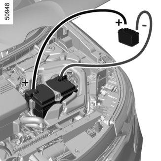 AKUMULÁTOR: odstranění poruchy (2/2) Spouštění motoru akumulátorem z jiného vozidla Pokud pro spuštění motoru musíte použít akumulátor jiného vozidla, obstarejte si vhodné elektrické kabely (velký