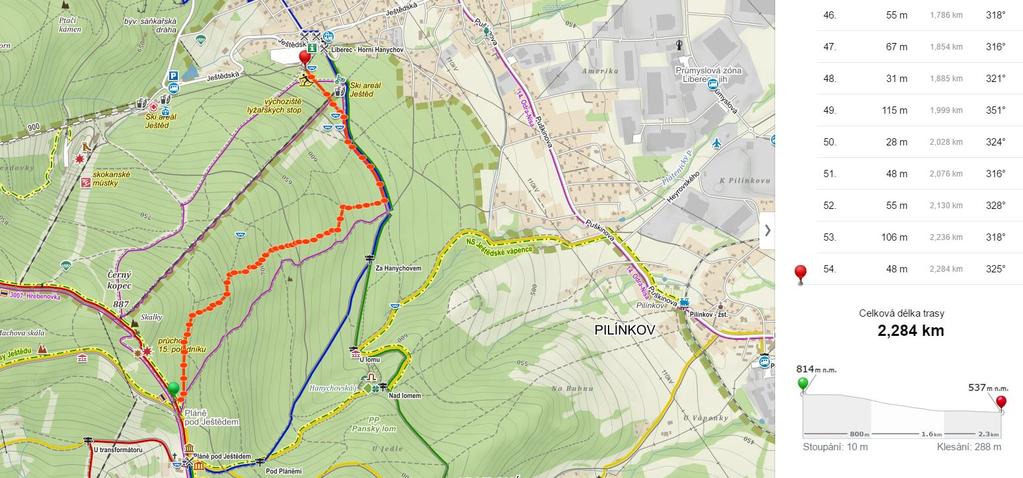 Mapa č. 2 RZ2 Race Přesun na start RZ: ze Světlé pod Ještědem šotolinovou cestou na Pláně pod Ještědem (z většiny po červené turistické značce) Start: Nad rozcestím na Pláních, 820 m.n.m. Popis trati: Od hřebenové cesty u Plání vede po bývalé Turistické sjezdovce.