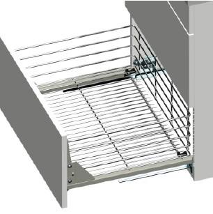 Zásuvka VARIANT MULTI Plnovýsuv s dotahem a tlumením Vhodné do skříňky o šířce: 600 / 800 / 900 mm V nabídce ve dvou výškách: 140 a 235 mm 3D regulace čela zásuvky Nosnost: 30 kg Povrch: chrom