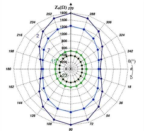 1) kde Z θ je měřená impedance ve směru úhlu θ s osou svalových vláken, Z je minimální impedance (měřená paralelně s vlákny svalu) a Z je maximální impedance (měřená napříč vláken svalu).
