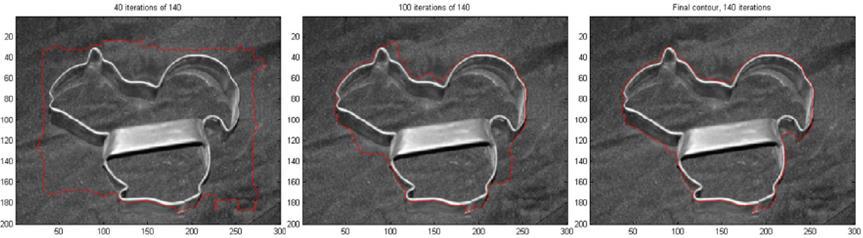 of the shape (breaks, curves) E N image forces push the contours towards edges of the object E I external forces resulting from the original location of the contour E T