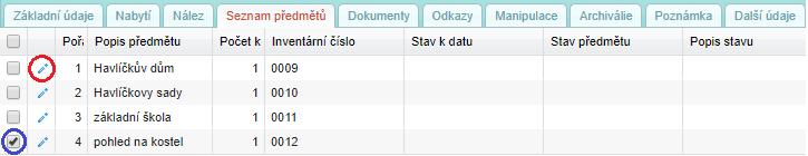 Kliknutím na ikonu v červeném rámečku otevřeme formulář pro vyplnění podrobností o předmětu přírůstku.