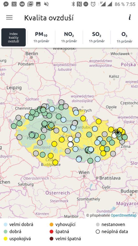 Kvalita ovzduší data ze 150 stanic automatizovaného imisního monitoringu Značky jsou vybarveny podle indexu