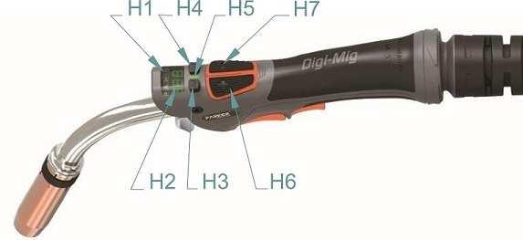 16/23 DÁLKOVÉ OVLÁDÁNÍ Z HOŘÁKU PARKER Obrázek 8 Dálkové ovládání z hořáku Označení Popis H1 Displej symbolů H1 H2 Displej H2 Tlačítko M volí funkce MAN: Rychlost posuvu drátu, Napětí/Tlumivka, JOB