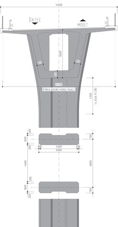 P6 je navržen parabolický náběh výšky příčného řezu z 2,6 m na 3,75 m. Stejně jako u pilíře P2 (resp. P7) dochází i u pilíře P3 (resp. P6) ke zvětšení tloušťky stěn a spodní desky.