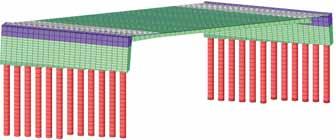 14 Progressive creating of the calculation model: a) piles, b) abutments, c) steel girders with concrete flanges, d) deck slab Obr.