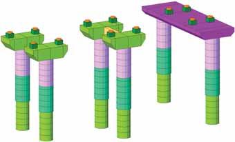 23 Calculation model: a) prestressing of a typical span, b) axonometric view, c) supporting of a typical span, d) substructure, e) overhangs, f) soffit of a typical span