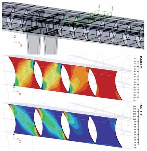 8a,b,c Principal stresses distribution caused by a local load near the pier in webs of cantilever bridge with thickness of walls varying from 900 mm (near the pier) to 500 mm (in the middle of span)
