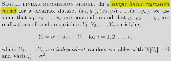 Lineární regresní model Přímka y = α + β x se nazývá regresní přímka. Parametr α úsek a β směrnice regresní přímky.