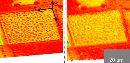 Obrázek 21: Zviditelnění struktury pomocí natáhnutí osy z. Oba snímky zobrazují tutéž čtvercovou oblast o délce hrany 50 µm a vysokou 50 nm.