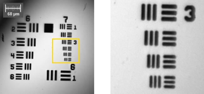 Obdobný experiment popisuje také článek [22]. Autoři pozorovali speciální rozlišovací test obsahující jemnější struktury než standardní USAF test.