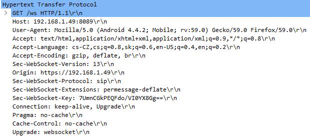 To je definováno v popisu HTTP jako Host: 192.168.1.2:8089. V popisu samotného WebSocketu lze poté najít i definici vnořeného protokolu. Sec-WebSocket-protocol: sip.