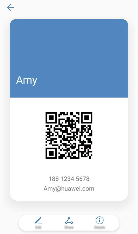 Kontakty Sdílení kontaktů: Otevřete Kontakty, vyberte kontakt, který chcete sdílet, poté klepněte na QR kód v pravém horním rohu a sdílejte svůj kontakt pomocí QR kódu.