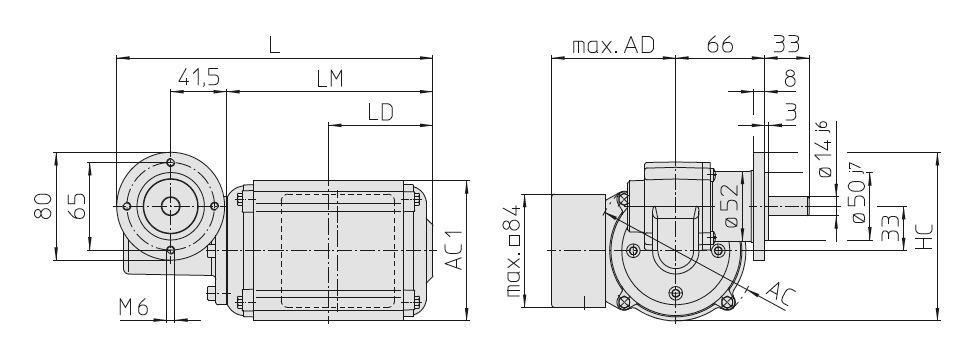 Aby bylo možné elektromotor s převodovkou přimontovat ke zvonu pásového dopravníku, je šneková převodovka opatřena přírubou.