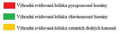 (Tučným písmem jsou uvedeny názvy těžených ložisek) Obr. 4 Schématická mapa s vyznačenými ložisky drahých kamenů (Starý a kol., 2015, upraveno) Počty výhradních ložisek v evidenci se mění.