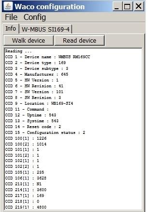 systému WACO. Tlačítkem Read device si v pracovním okně zobrazíme konfigurační tabulku modulu WB169-SI4, ve které se zobrazují vybrané konfigurační parametry.