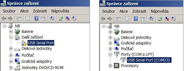 Kliknutím pravého tlačítka myši na položku USB Serial port se otevře kontextové menu, kde vybereme položku Aktualizovat software ovladače.