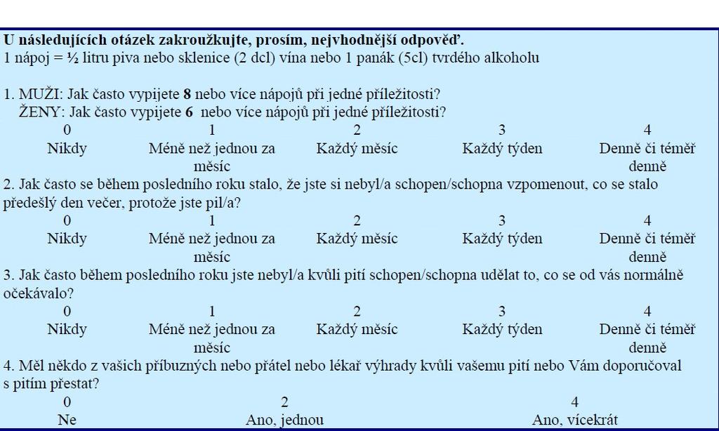 Příloha 2 Dotazník FAST Zdroj: Anderson, P., Gual, A., Colom, J. (2005) ¹ Hodnocení: 1. fáze : Otázka 1 ( Skór 1-2 pokračujte dalšími 3 otázkami testu FAST) 2.