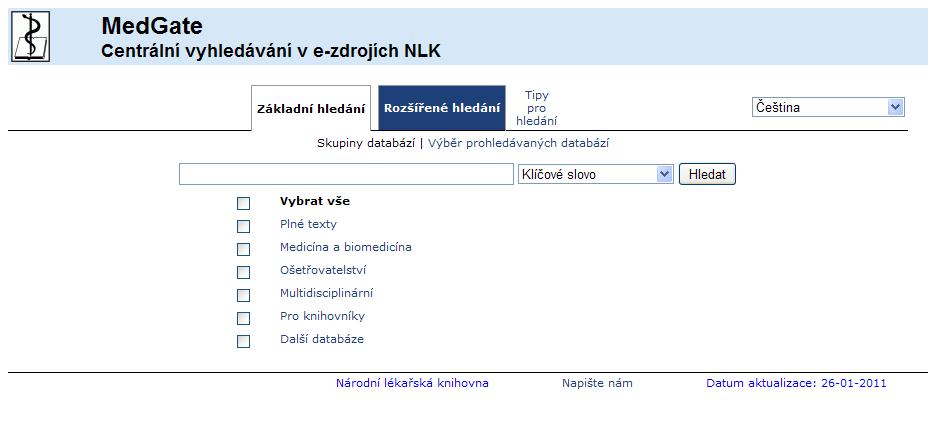 2.4 PORTÁL MEDGATE NLK nabízí uživatelům, kteří se špatně orientují v nabídce nebo vyhledávácím rozhraní on-line zdrojů, možnost federativního vyhledávání - z jednotného jednoduchého rozhraní