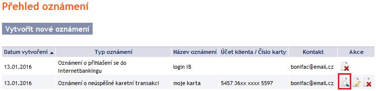 Změna oznámení IB zobrazí parametry oznámení, které je možné změnit. Smazání oznámení. 3.3.1.