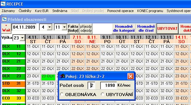 2.1.6. Ubytování 2.1.6.1. Ubytování hosta bez předchozí rezervace Označte (stiskněte) levé tlačítko myši na požadovaném pokoji a termínu.