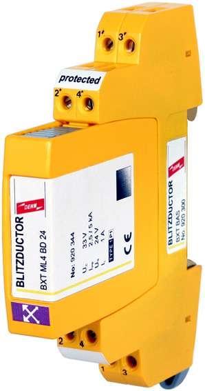 BLITZDUCTOR XT kombinovaný svodič s mimořádnými vlastnostmi extra šetřící místo: chrání 4 žíly v šířce jen 12 mm extra výkonný: bleskový proud 4 x 2,5 ka (10/350 µs) extra účinný: koordinace energie